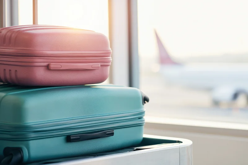 Two hard-shell suitcases stacked on an airport check-in counter with airplane visible through window