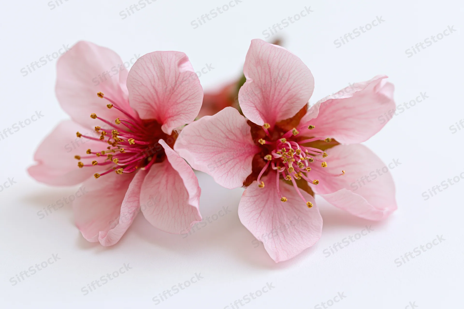 Two peach blossom flowers with delicate pink petals arranged side by side on a white surface