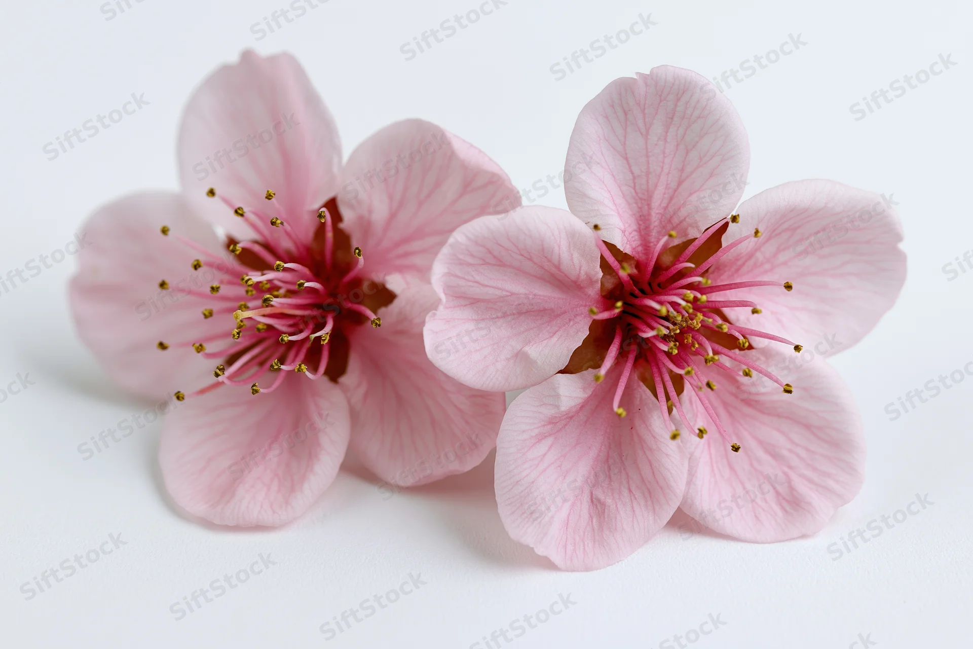 Two peach blossom flowers with delicate pink petals arranged on a white background