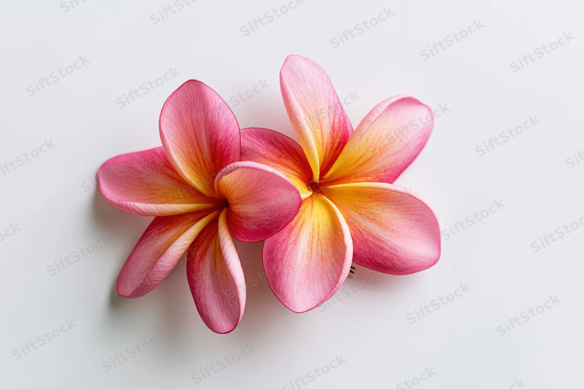 Two plumeria frangipani flowers resting together on a white surface