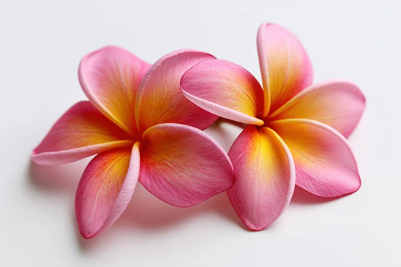 Two plumeria frangipani flowers resting together on a white surface