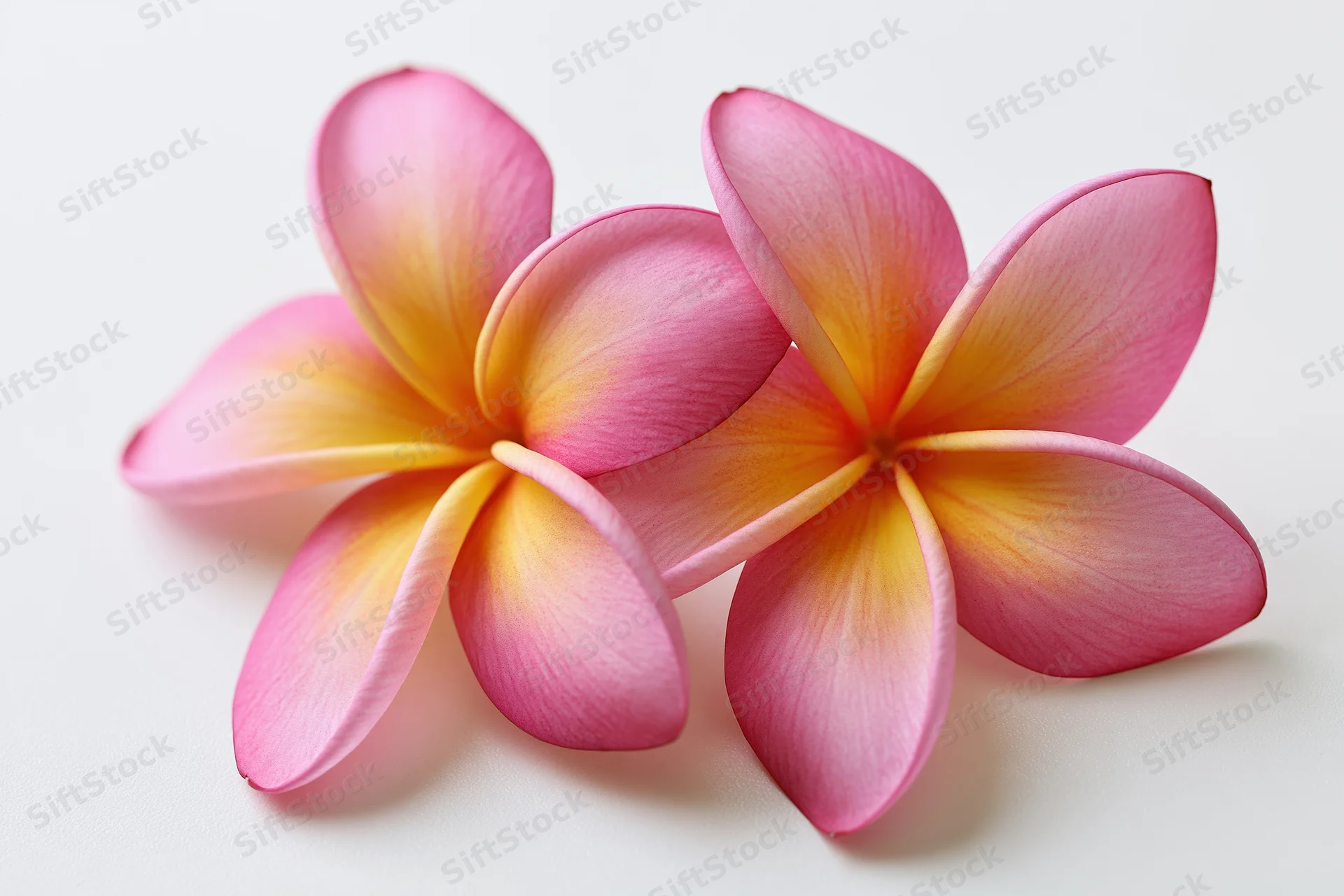 Two plumeria frangipani flowers resting together on a white surface