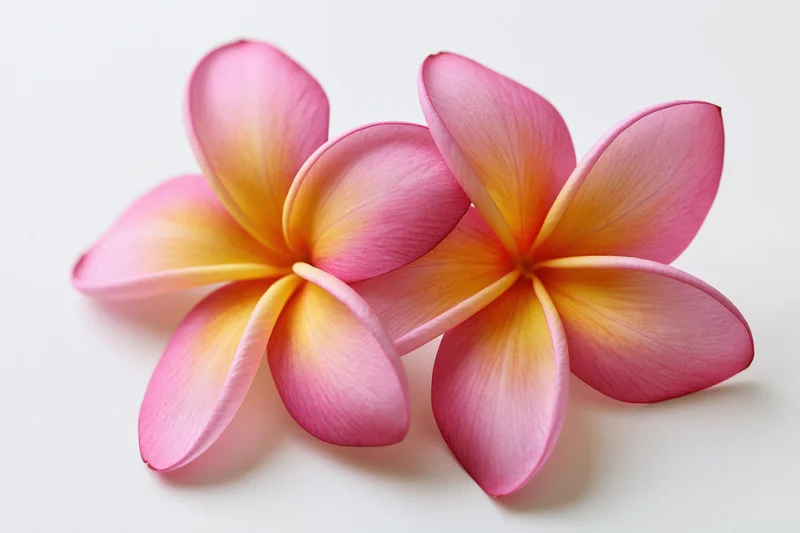 Two plumeria frangipani flowers resting together on a white surface