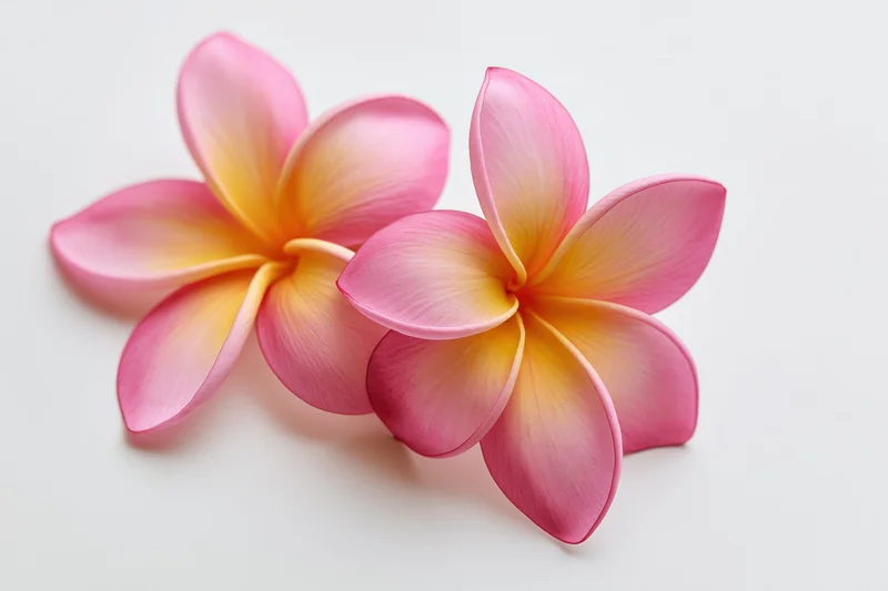 Two plumeria frangipani flowers resting together on a white surface