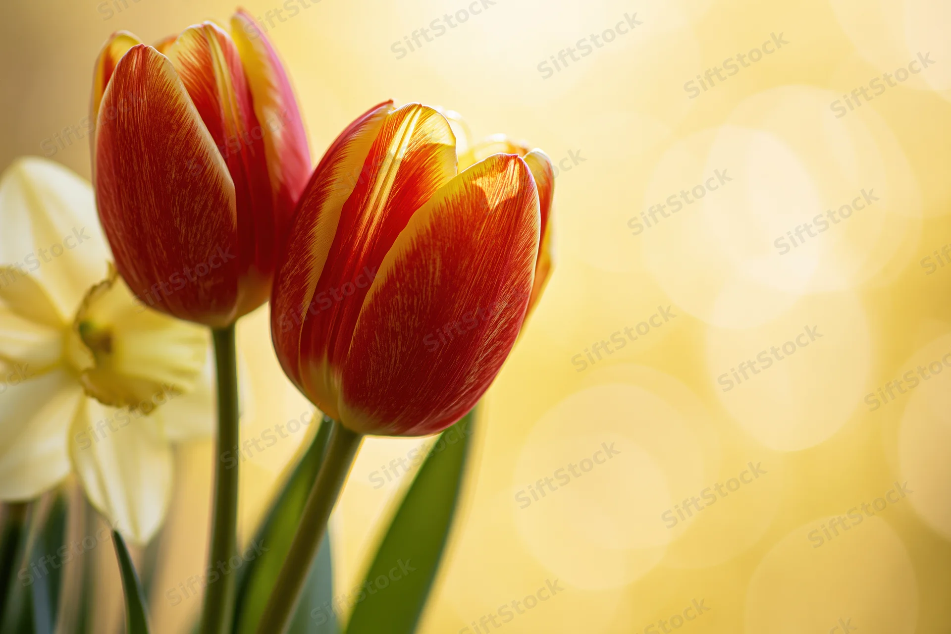 Two red-and-yellow tulips and a pale yellow daffodil in a spring floral arrangement with soft golden bokeh background