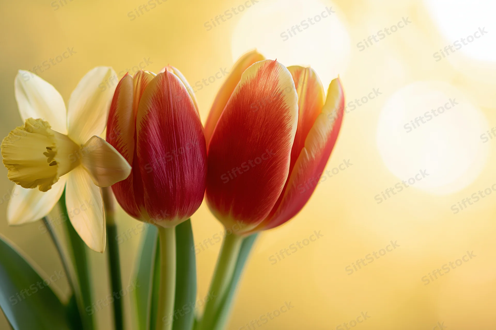 Two red-and-yellow tulips and a pale yellow daffodil arranged in a bouquet with soft bokeh background
