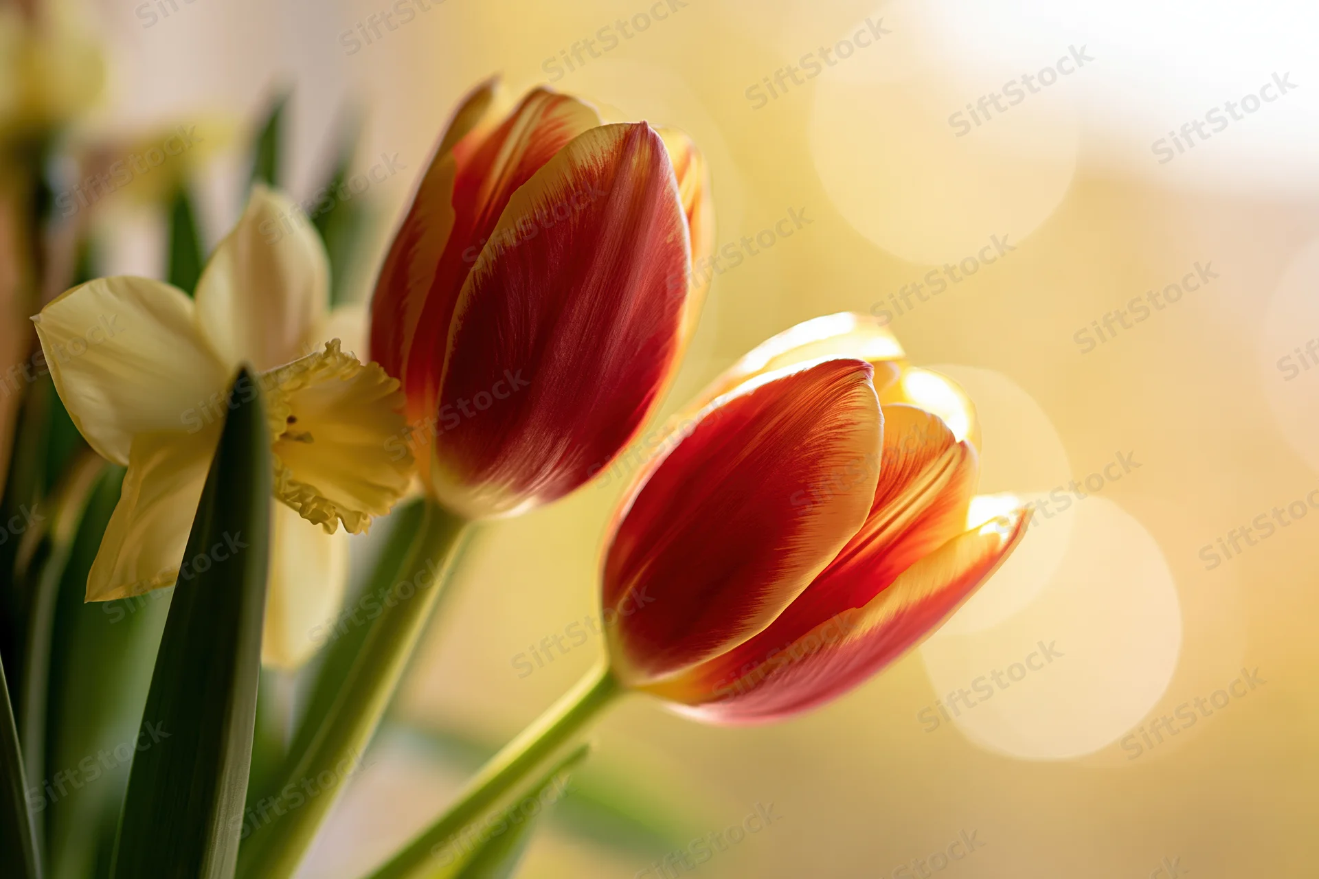Two red-and-yellow tulips and a pale yellow daffodil in soft focus with warm bokeh background
