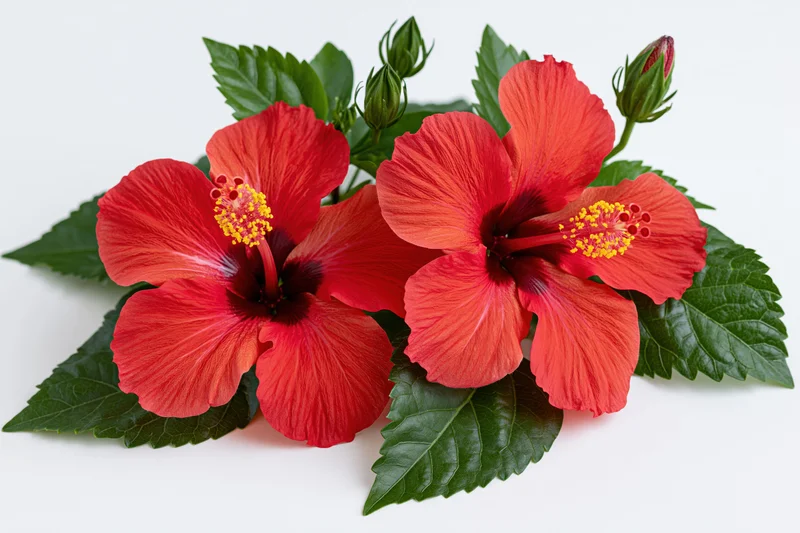 Two red hibiscus flowers with yellow-tipped stamens arranged with green leaves on white background