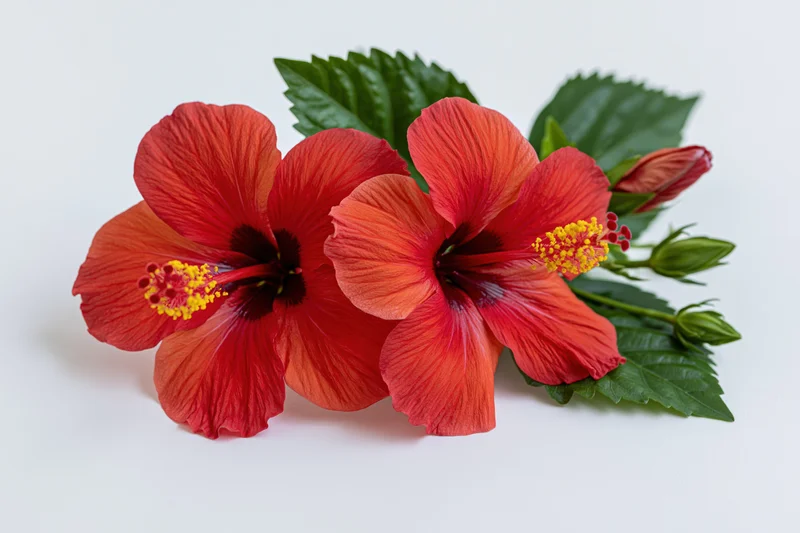 Two red hibiscus flowers with yellow-tipped stamens arranged on white background with green leaves