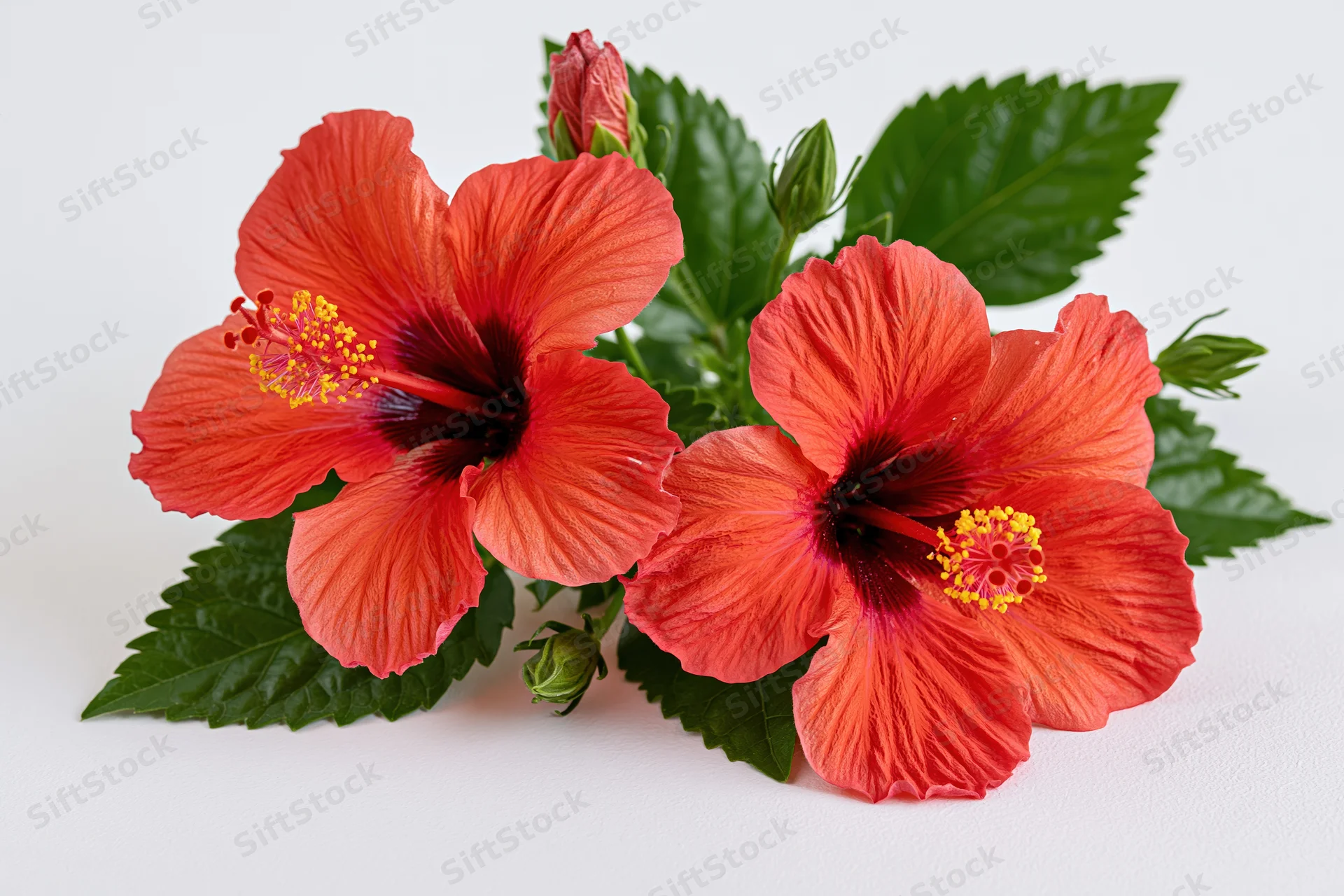 Two red hibiscus flowers with yellow-tipped stamens arranged on white background with green leaves