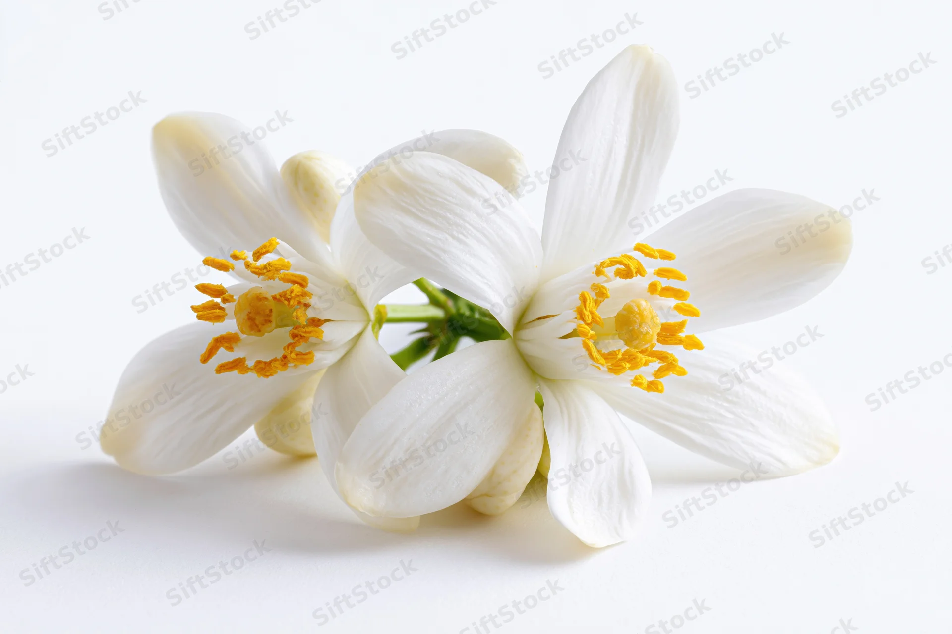 Two white orange blossom flowers with bright yellow stamens arranged on a plain white surface