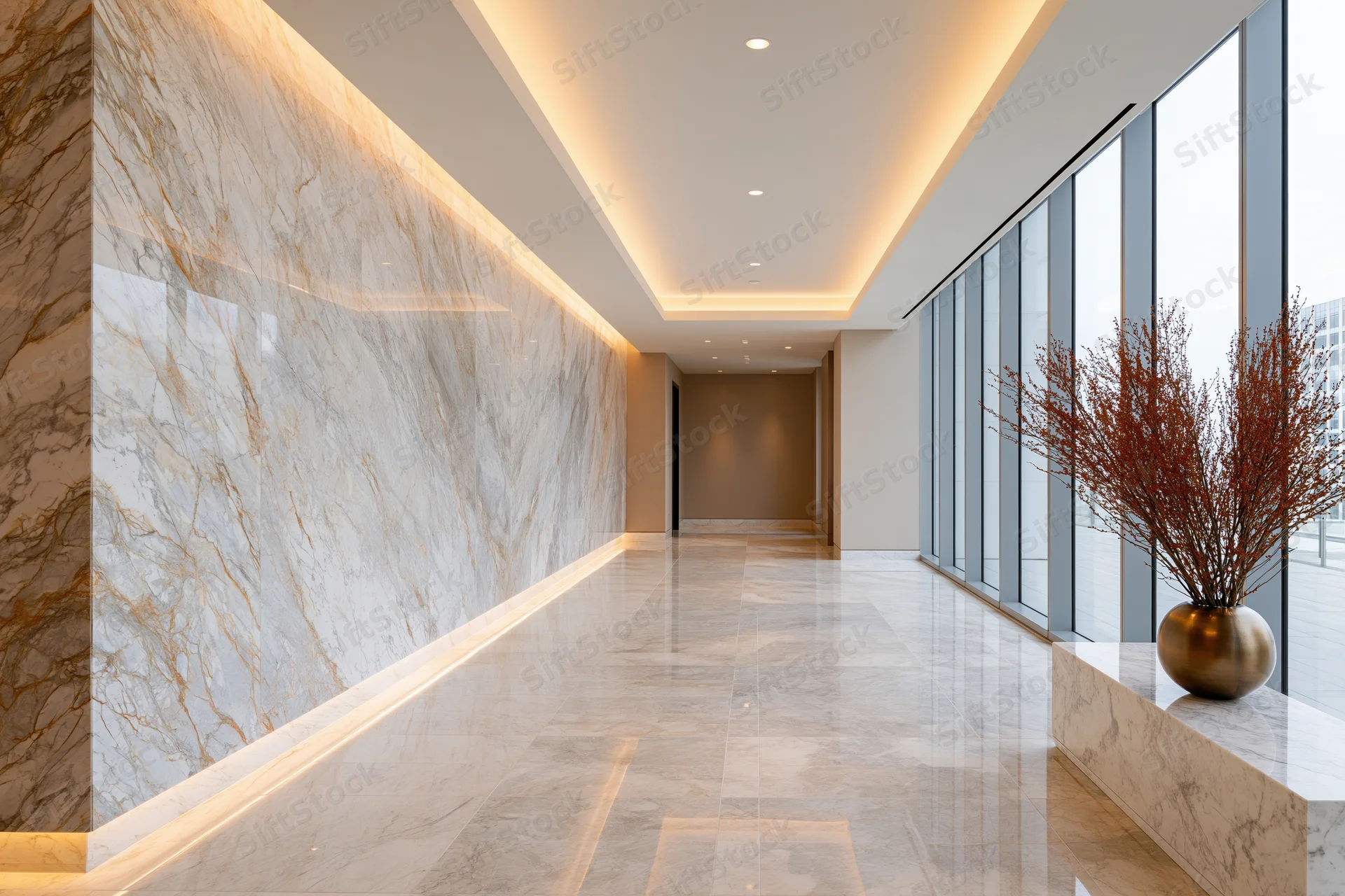 Polished marble hallway with recessed lighting and glass windows in upscale hotel lobby entrance