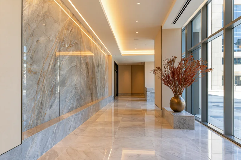 Polished marble hallway with recessed lighting and large windows in a luxury hotel lobby