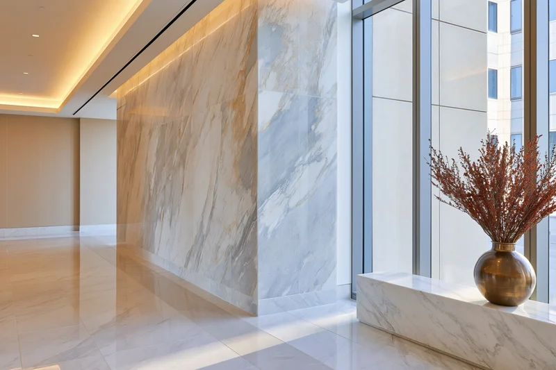 Polished marble hallway with vase of dried branches in upscale hotel lobby entrance