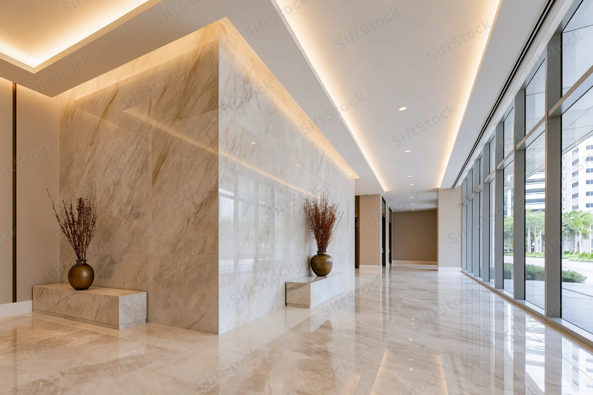 Polished marble hallway with recessed lighting and glass windows in a luxury hotel lobby