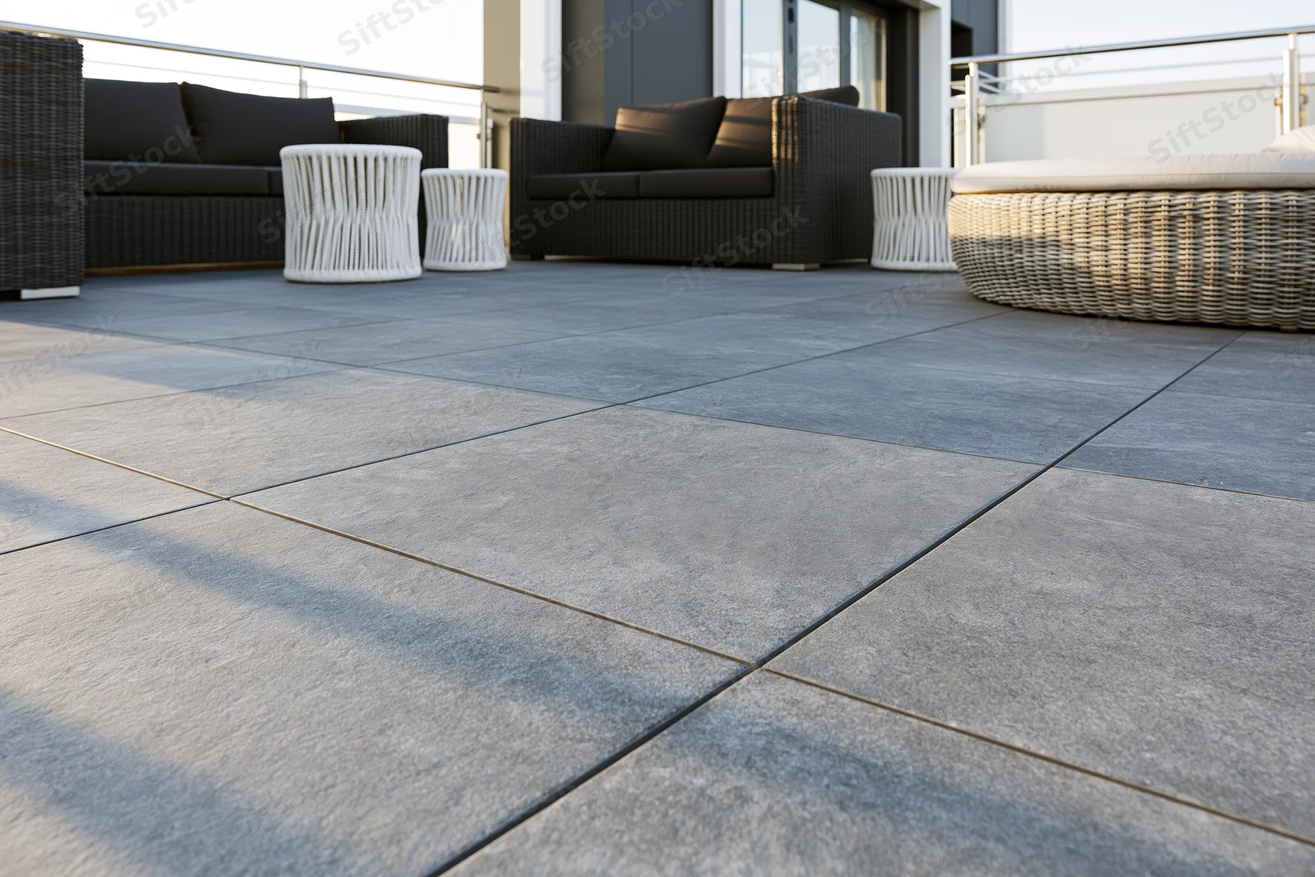 Dark wicker sofas and white side tables arranged on a gray tiled terrace with railing and sunlight casting shadows