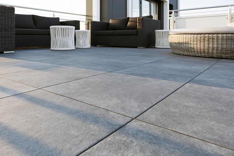 Dark wicker sofas and white side tables arranged on a gray tiled terrace with railing and sunlight casting shadows