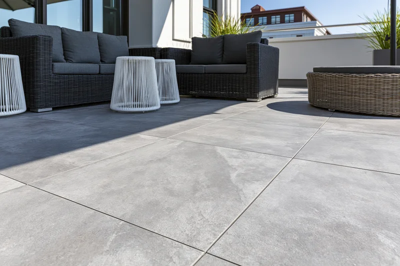 Dark wicker sofas with white side tables arranged on a gray tiled outdoor terrace with plants and city view