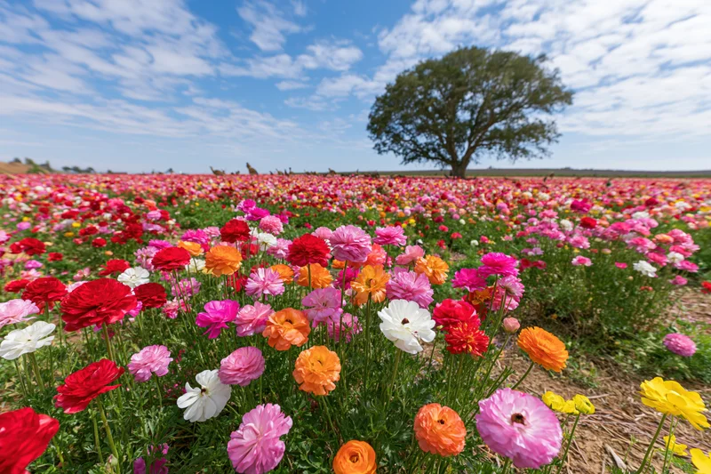 Vast field of ranunculus flowers in full bloom under a blue sky with scattered clouds