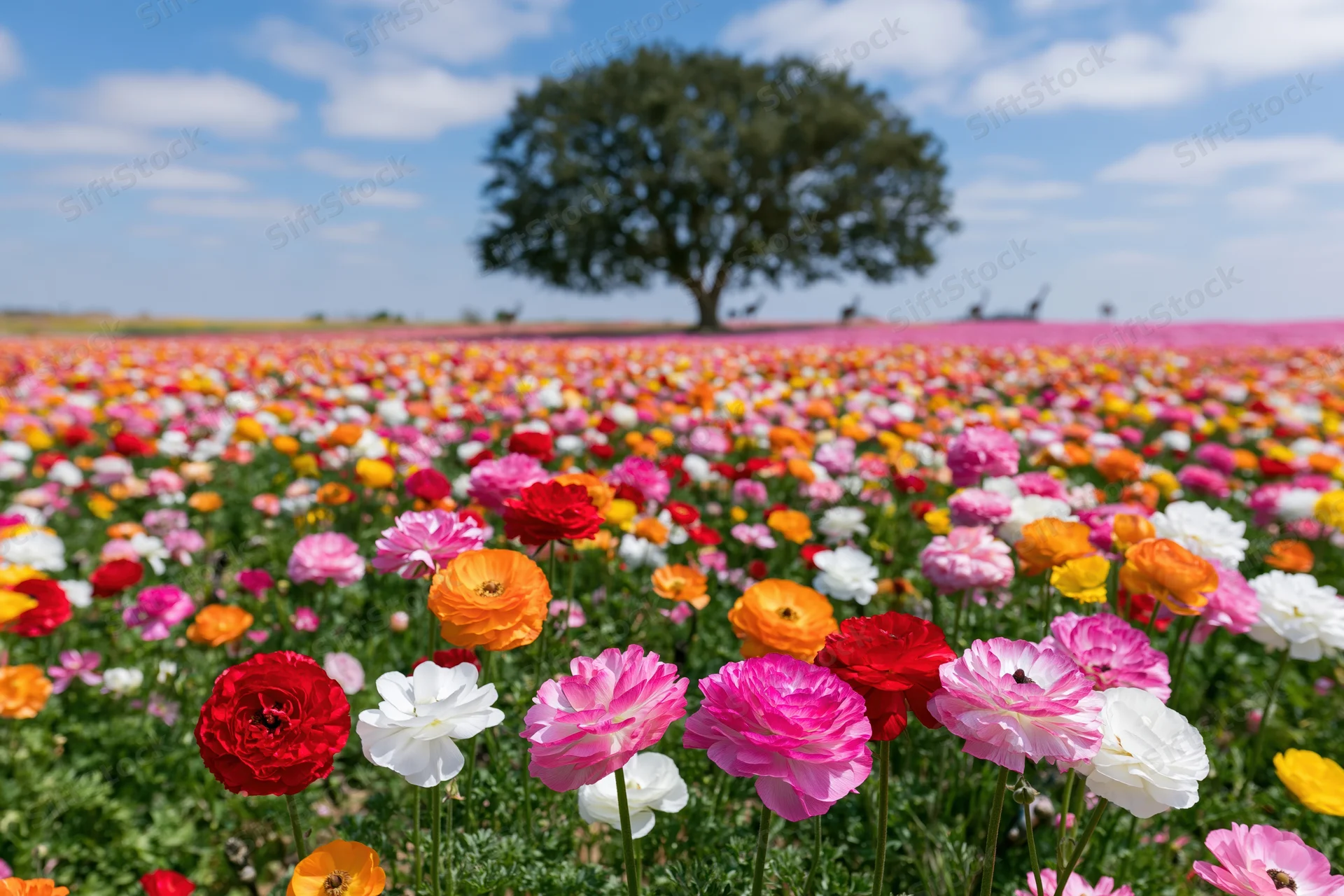 Vast field of ranunculus flowers in full bloom under a blue sky with scattered clouds and a solitary tree in the distance