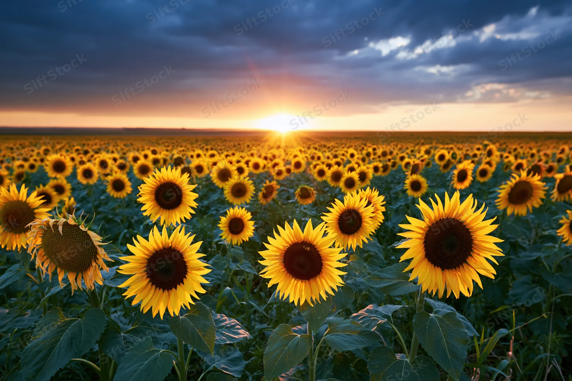 Sunflower field stretching to the horizon at sunset