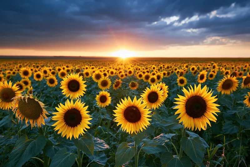 Sunflower field stretching to the horizon at sunset