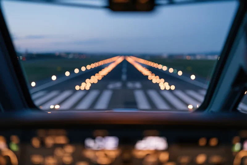 View from aircraft cockpit during runway approach at dusk