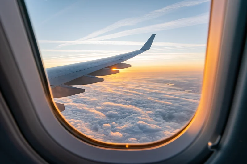 Airplane wing extending over cloud layer during sunset viewed through window