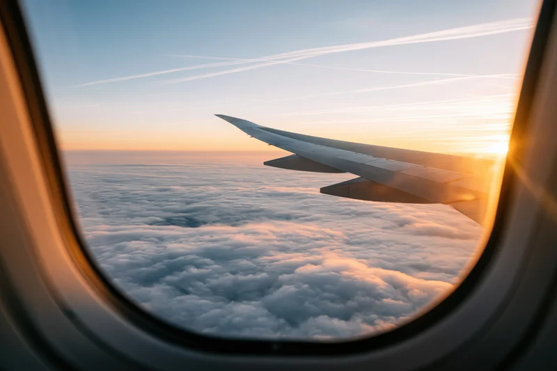 Airplane wing extending over cloud layer during sunset viewed through window