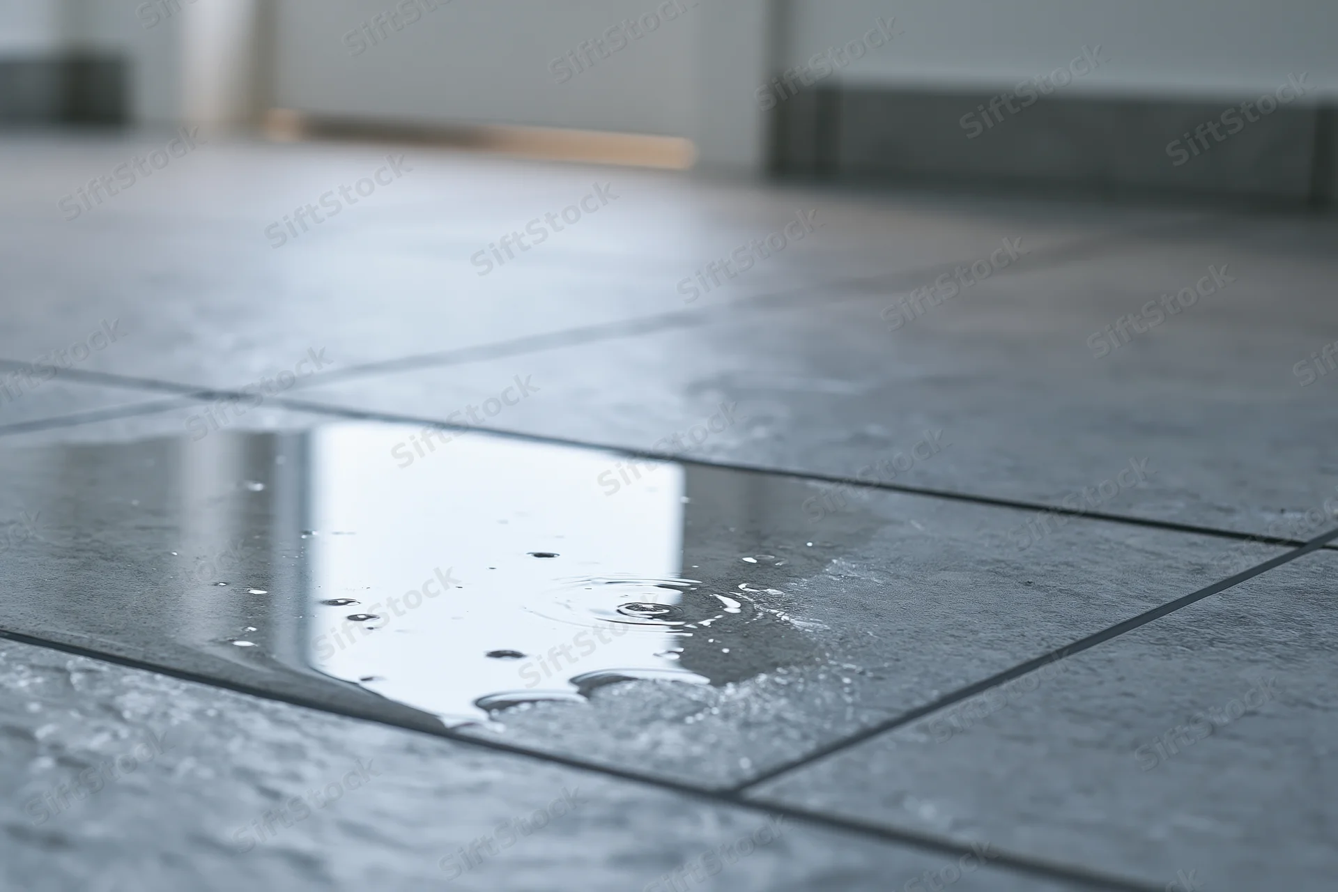 Water puddle pooling on grey ceramic floor tiles indoors with reflections and ripples