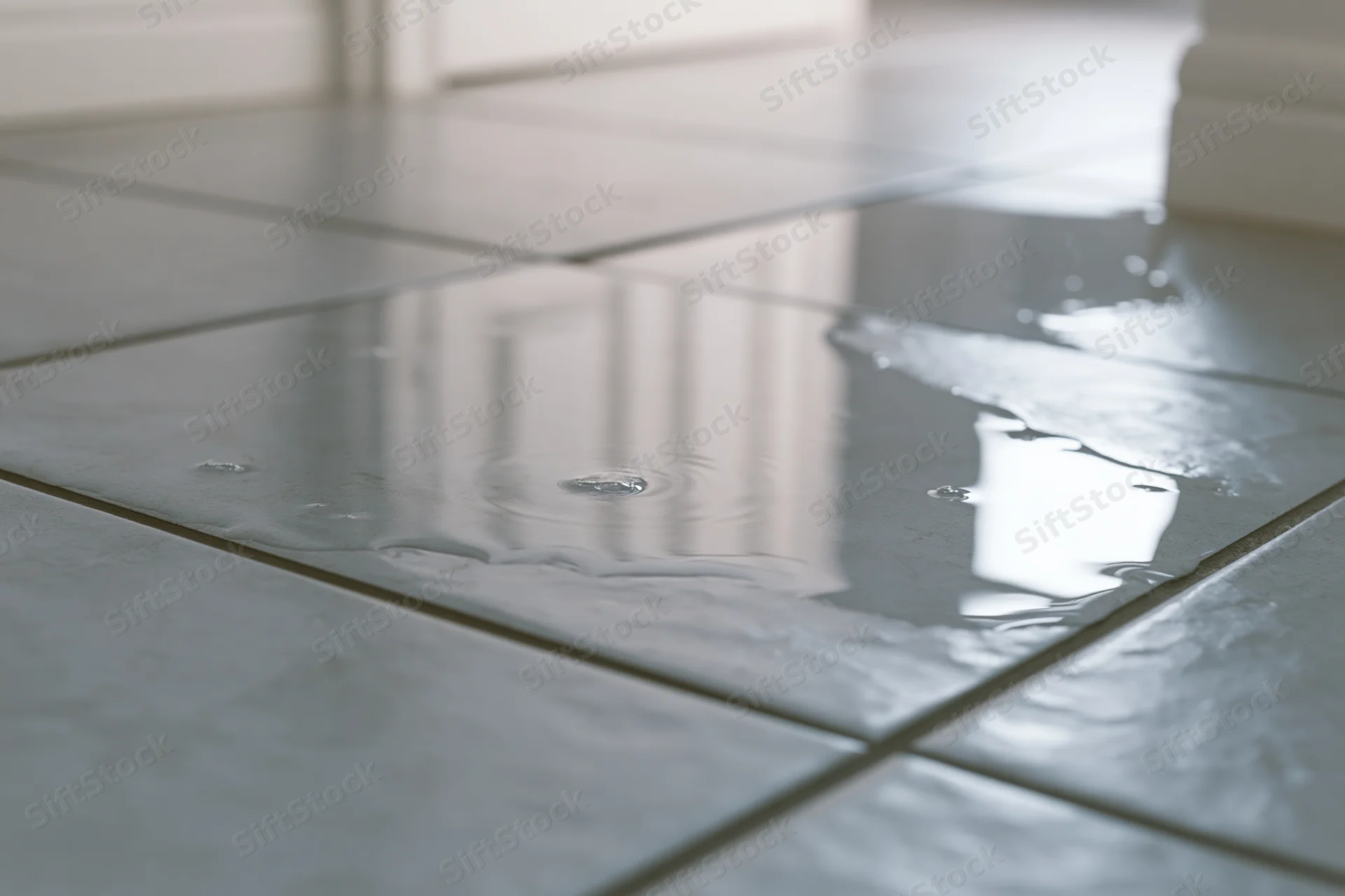 Water puddle pooling on grey ceramic floor tiles indoors with ripples and reflections