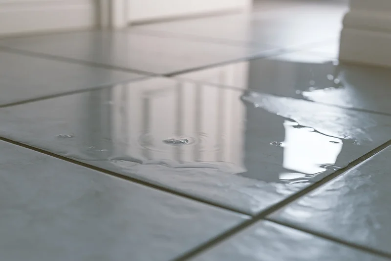 Water puddle pooling on grey ceramic floor tiles indoors with ripples and reflections