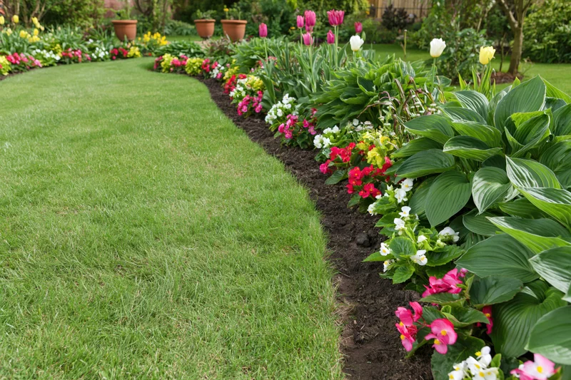 Winding green lawn bordered by colorful flowerbeds in a residential garden