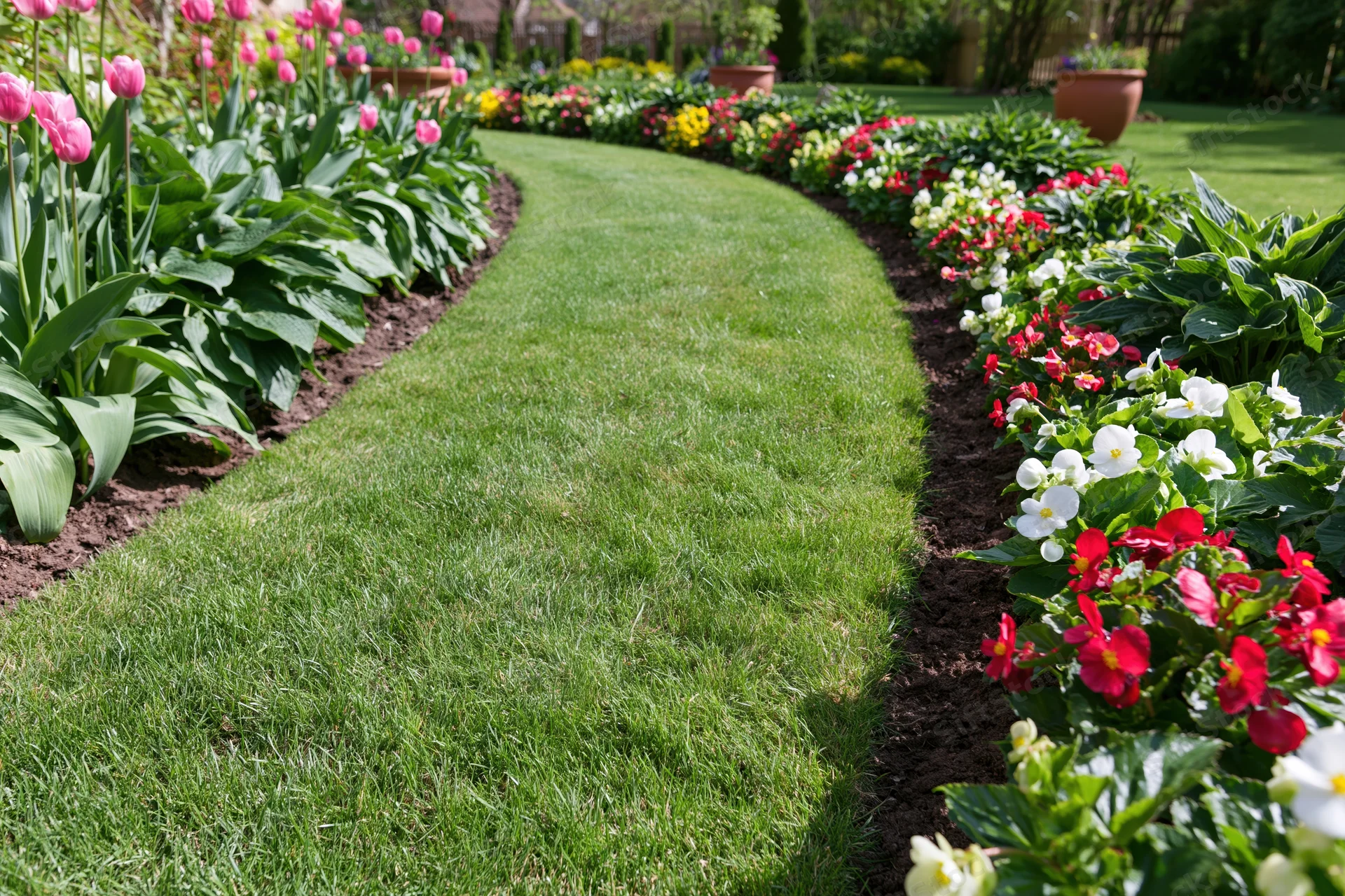 Winding green lawn bordered by flowerbeds with tulips and begonias in a residential garden