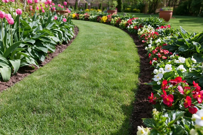 Winding green lawn bordered by flowerbeds with tulips and begonias in a residential garden