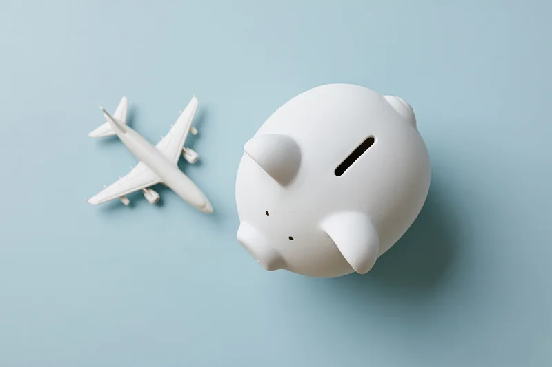 White ceramic piggy bank next to a toy airplane on a light blue surface