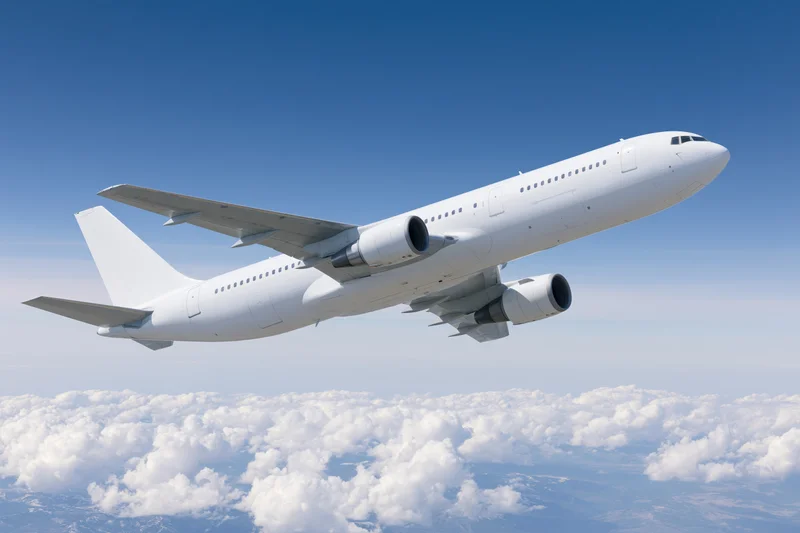 White commercial passenger jet cruising above clouds in clear blue sky