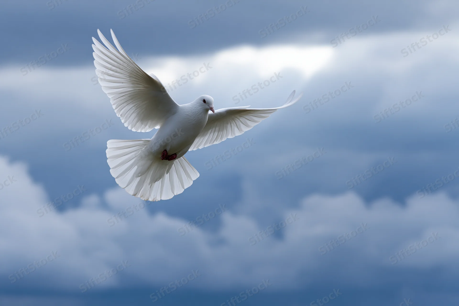 White dove in mid-flight with wings fully spread against cloudy sky