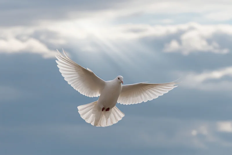 White dove in mid-flight with wings fully spread against cloudy sky