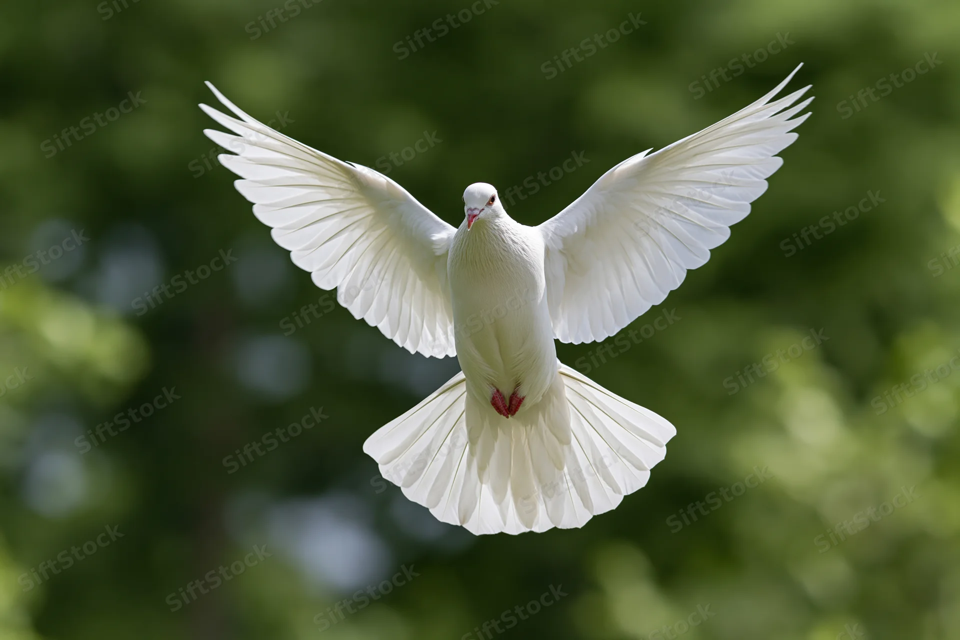 White dove in mid-flight with wings fully spread against a blurred green background