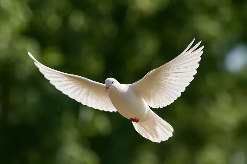 White dove in mid-flight with wings fully spread against a blurred green background