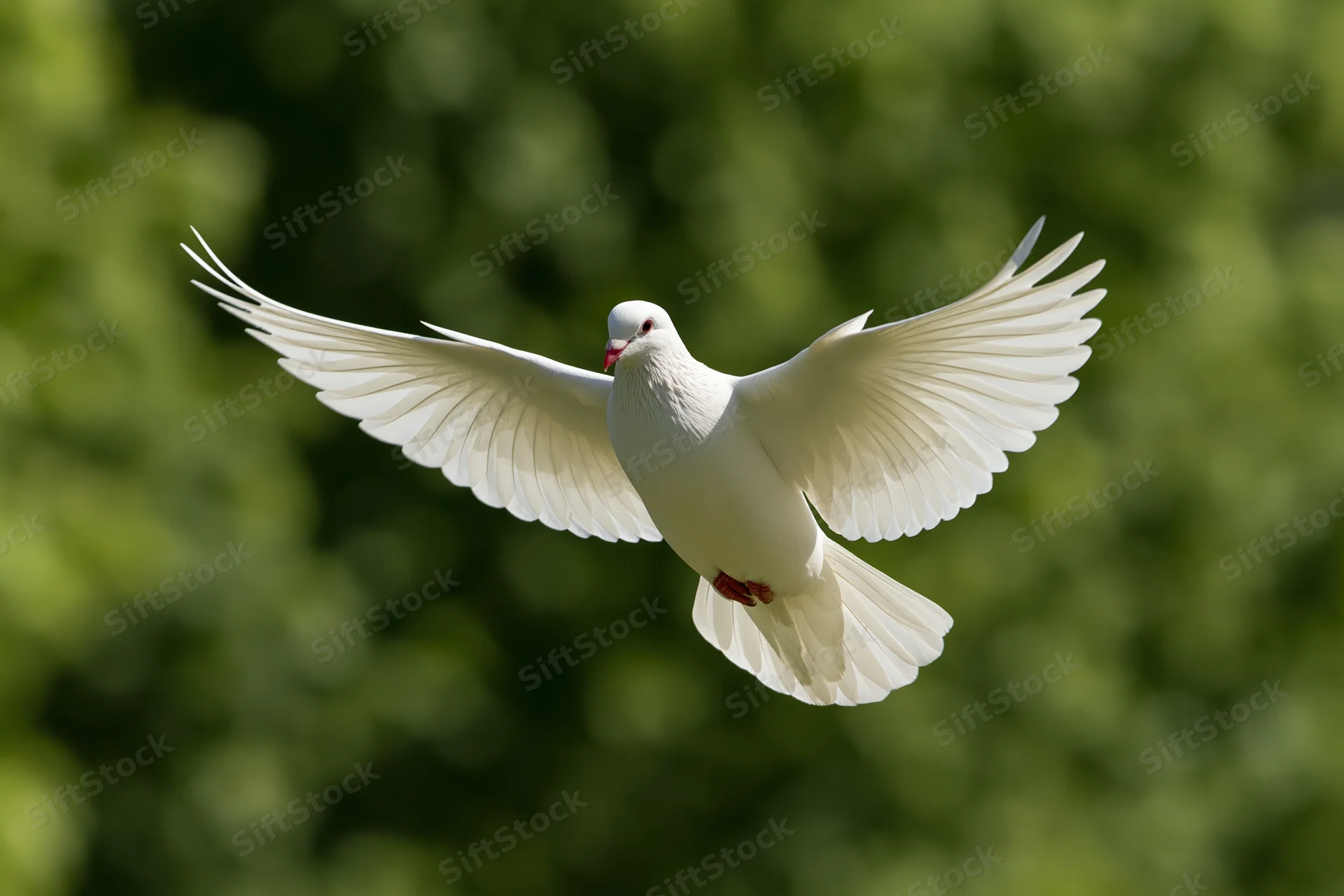 White dove in mid-flight with wings fully spread against a blurred green background