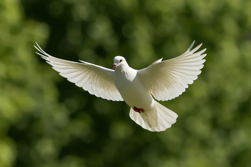 White dove in mid-flight with wings fully spread against a blurred green background
