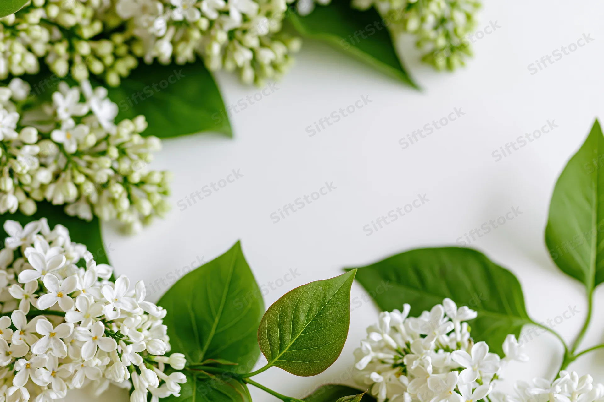 White lilac flower clusters and green leaves arranged in a frame on a white background with copyspace