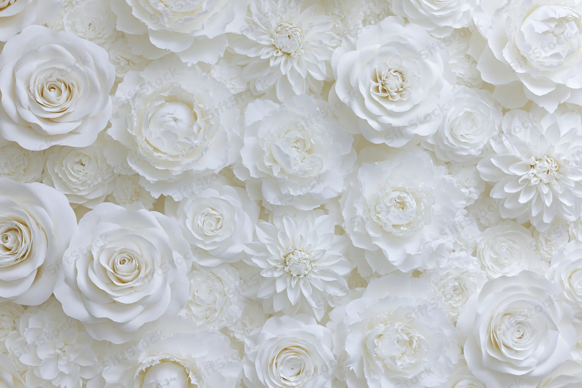 White paper flowers including roses peonies and dahlias arranged as a dense floral backdrop