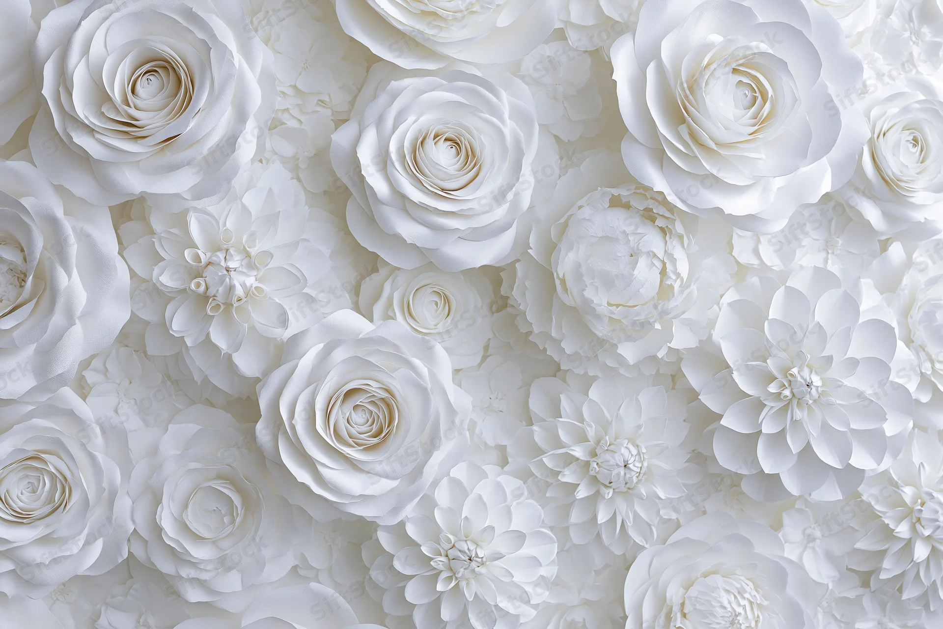 White paper flowers including roses peonies and dahlias arranged densely as a decorative wall backdrop