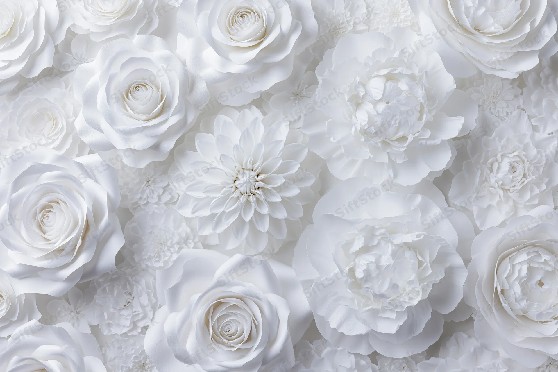 White paper flowers including roses peonies and dahlias arranged as a decorative wall backdrop
