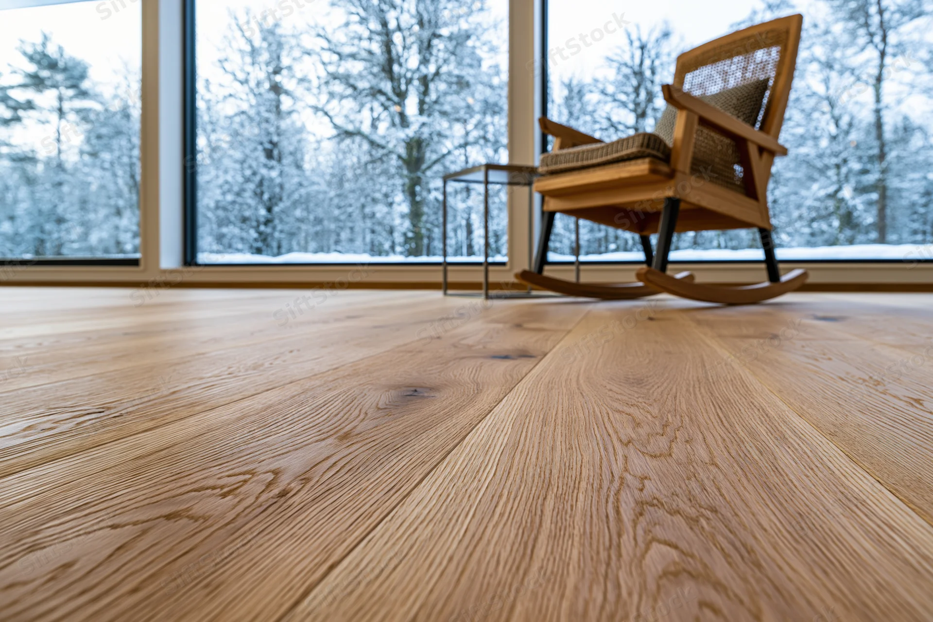 Wide-plank oak hardwood floor filling foreground with rocking chair near snowy window in living room