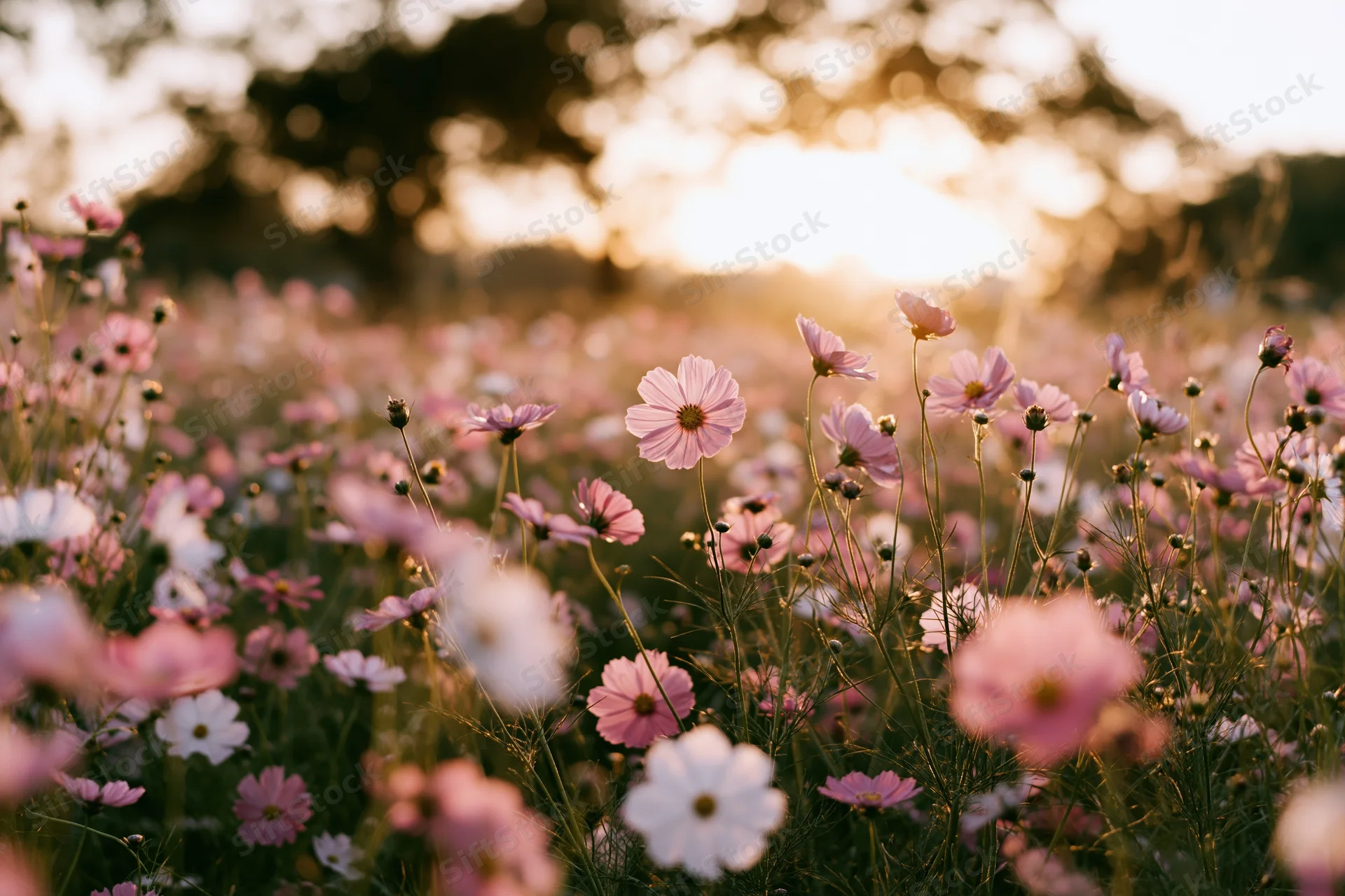Cosmos flowers in full bloom densely packed in a field at golden hour