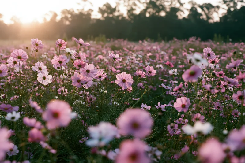 Dense field of pink and white cosmos flowers in full bloom at sunset